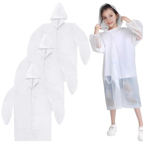 ZOCONE Lot de 3 ponchos de pluie transparents imperméables pour enfants, poncho de pluie réutilisable pour enfants avec capuche, poncho de pluie transparent en EVA imperméable portable pour filles