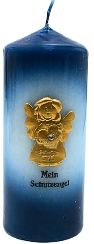 Candela a forma di angelo custode, candela da tavolo, candela decorativa, candela per battesimo, candela a forma di angelo custode dorato e scritta Mein Schutzangel, in blu, altezza x diametro: 15 x