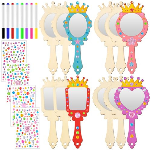 MINISOISO 24 Stücks DIY Holzspiegel Handwerk Set, Kinderspiegel Prinzessin Krone Spiegel Basteln, Mini Holz Prinzessin Handspiegel, DIY Holz Kinderspiegel für Party Geburtstag,A