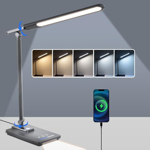 ErayLife Lámpara Escritorio, Flexo LED Escritorio con 6 Niveles de Brillo y 5 Modos, Control Táctil, Temporizador y Función de Memoria, Puerto USB Lámpara de Mesa para Trabajo Estudio o Lectura Negro