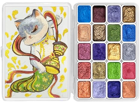 CraftyManor Mini Aquarell Set Unterwegs, Perlglanz Wasserfarben, 20 Farben Schimmernde Metallic Aquarellfarben, Glitzer Wasserfarbkasten Tuschkasten, Festkörper Watercolor Paint, DunHuang-Stil