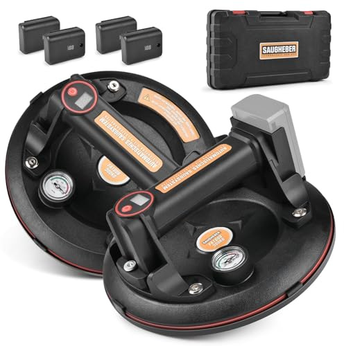 2X Elektrisk suglyft inkl 4 batterier, glaslyft med manometer Max.300kg, 200mm vakuum sugnapp kakellyftare med låda, glassugare sugställ plattlyft sugnappar för laminat, kakel, glas, marmor