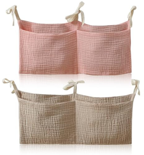 Teegxddy Babybett Organizer, Kinderzimmer Hängender Bett Organizer Mit 2 Taschen, wickeltisch organizer,wickeltisch zubehör Für Windeln Kleidung Spielzeug,Khaki und Pink,2 Stück