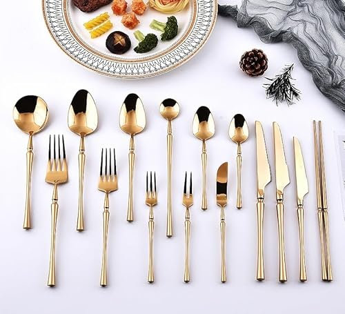 YJKKZQLB Set di Posate in Argento, Set di Posate in Acciaio Inossidabile 304 da 15 Pezzi, Coltello da Bistecca, forchetta e Cucchiaio, Coltello da Dessert, Set di forchetta e Cucchiaio, Oro-1 Set