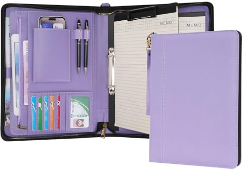 Wason A4 Portfolio with Zipper - Leather PU Padfolio with Detachable Ring Binder and Writing Notepad Holder, Conference File Multi-Pockets Organizer for Office Travel School (Purple)