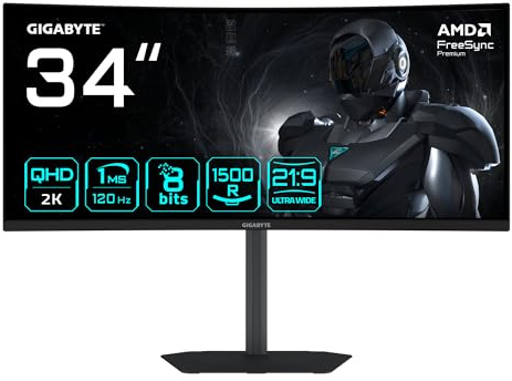 Gigabyte GS34WQCA Monitor Gaming Curvo 34 WQHD – 3440 x 1440, 1500R, 120Hz, 1ms, 300 CD/m², FreeSync Premium, HDR Ready, HDMI 2.0, DisplayPort 1.4.