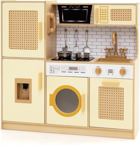 RELAX4LIFE Cucina Giocattolo per Bambini, Effetti Sonori e Luminosi, Gioco Cucina in Legno con Frigo, Microonde, Forno, Lavatrice, Mini Cucina per Bambini 3-6 Anni (Giallo)