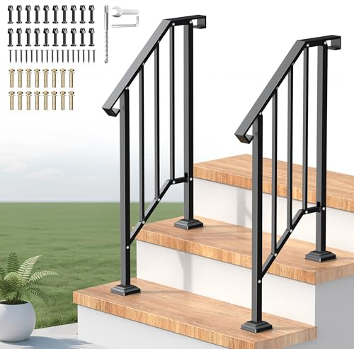 Outdoor Handrails for Steps, Stair Railing Kit for Concrete & Porch Steps, Adjustable Black Iron Hand Rail for Seniors, Easy Installation, Retro Arch Design (2 Pack-2 Steps)