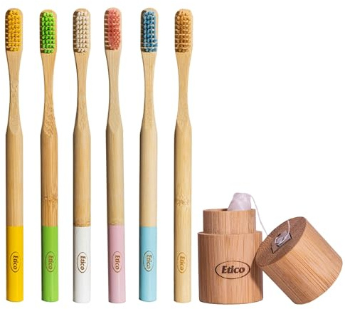 ETICO - Kit Spazzolino Bamboo Premium con 6 Spazzolini Denti e 1 Filo Interdentale Naturale, Spazzolini da Denti Ecologici, Biodegradabili, Senza BPA