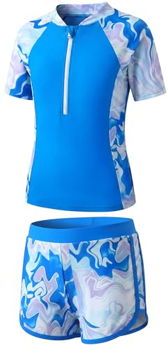 Baogaier Niña Traje de Baño 2 Piezas Manga Corta Protección Solar 5-14 Años | Secado Rápido, Floral Estampado, Top con Cremallera y Shorts, Elástico Rash Guard, Playa Piscina Bañador Vacaciones Ropa