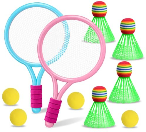 SKIKHN Kids Tennis Rackets Set, Kids Tennis Rackets For Toddler Over 3 Years Old, Kid Tennis Set, Kid Badminton Set Includes 2 Safe Plastic Rackets, 4 Sponge Balls & 4 Shuttlecocks