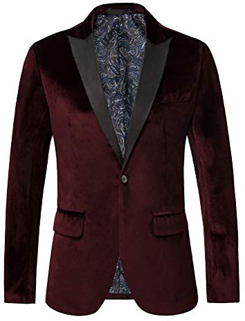 THWEI Mens Velvet Blazer Slim Fit Suit Jacket One Button Tuxedo Blazer Wedding Prom Dinner Burgundy L