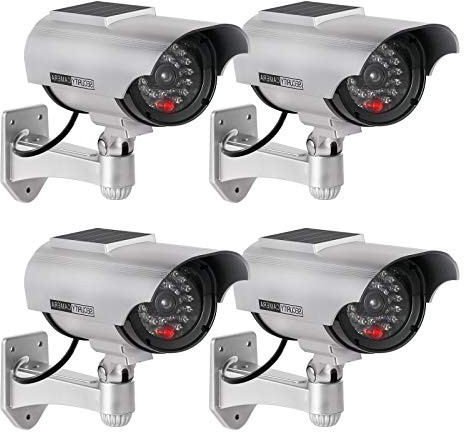 ERWEY 4Pcs Caméra Factice Intérieur Extérieur Solaire, Étanche, Fausse Caméra de Surveillance CCTV avec Lumière LED Rouge Clignotante (Argenté)
