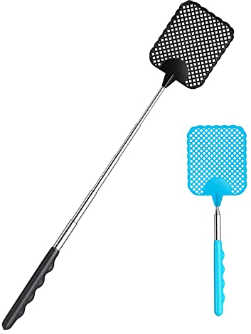 ILamourCar 2 Pièces Tapette à Mouches, Lutte Antiparasitaire Manuelle,Tapette à Mouches Télescopique Poignée Télescopique Durable et Robuste pour Insectes Nuisibles, Noir + Bleu