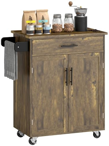 HOMCOM Kitchen Island Cart, Rolling Island Table with Solid Wood Top, Trolley Cart with Drawer, Storage Cabinet & Towel Rack, Rustic Brown