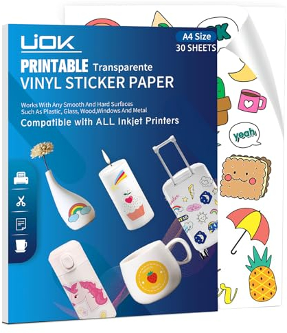 Sticker Papier zum Bedrucken, Transparente Vinylfolie Sticker Papier zum Bedrucken 30 Blätter Bedruckbares Vinyl für Tintenstrahldrucker, A4 Selbstklebende Folie zum Bedrucken für DIY-Aufkleber