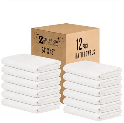 ZUPERIA White Bath Towels Bulk 12 Pack (24 x 48 Inches) - 100% Cotton Economy Light Weight Towels for Commercial Use - Quick Dry, Ultra-Soft, and Absorbent Bulk Towels
