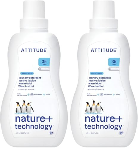 ATTITUDE Laundry Detergent, EWG Verified, Plant and Mineral-Based Formula, HE Compatible, Vegan Household Products, Wildflowers, 35 Loads, 1.05 Litre (Pack of 2)