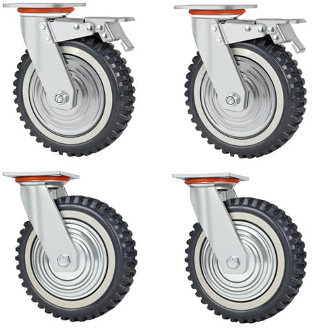 DBREAKS Ruedas para cargas pesadas, ruedas de transporte de 200 mm de diámetro, 4 ruedas de placa, 2 ruedas giratorias con freno + 2 ruedas giratorias, ruedas de goma maciza de 360°, 2000 kg para mesa