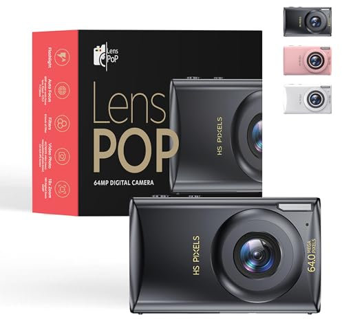 Lenspop 64 MP Digital Compact Camera with Flash, Digital Camera 8MP Sensor with Auto Focus Lens, Fixed - F/3.2 f=7.36mm, 18X Digital Zoom MP3 player 64MP Compact Digital Camera, 128 GB Memory Card