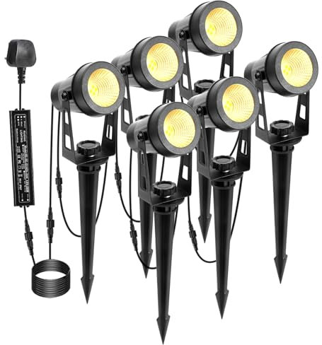 ECOWHO Garden Spotlights Mains, 21m Extendable Outdoor Spike Lights 12V LED Pathway Lighting IP65 Waterproof Electric Garden Uplighter for Path Yard Patio (18W 6-Packs Warm White), Wall/Spike Mounted