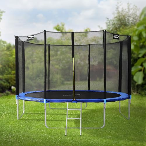 Hauki Trampolin Outdoor, Ø427 cm, Blau, GS geprüft, Rundes Gartentrampolin für Kinder bis 150 kg, Komplettset mit Sicherheitsnetz, Leiter, Randabdeckung, Gepolsterte Stangen, Stabile Kindertrampolin
