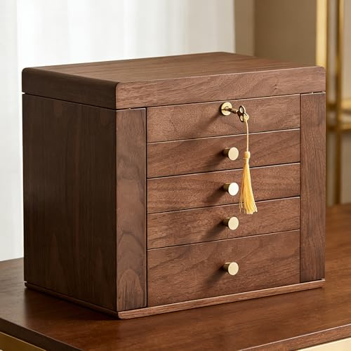 Baolivi Wooden Jewellery Box Organiser for Women, Walnut Wood 5 Layer Jewelry Box with Mirror & Lock Large Vintage Jewels Storage Boxes for Women Girls for Ring, Earring, Necklace, Bracelet, Pendant