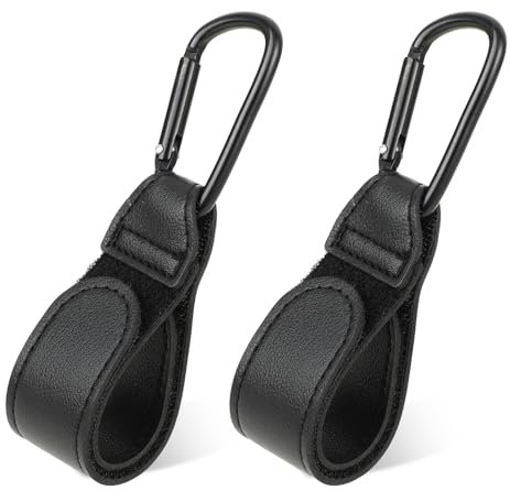 JJUNW 2 Stück Kinderwagen Haken Clips, Kunstleder Kinderwagenhaken Taschenhaken Universelle Kinderwagen Taschenhalter Haken für Wickeltasche Taschen Rucksack Einkaufstasche(Schwarz)