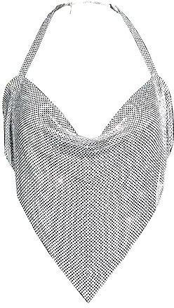 Top sexy para mujer con cuello en V para mujer, metal brillante, cadena de diamantes brillantes, cuello halter, chaleco bustiers para mujer, plata, S