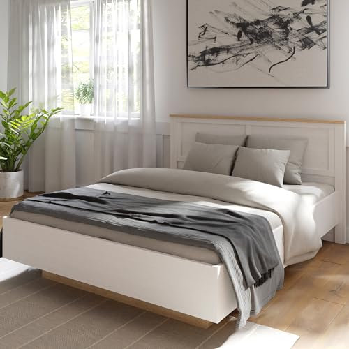 Forte Bohol Bett 180, Landhausstil Bett mit Lattenrost, Holzwerkstoff, Riviera Eiche/Sibiu Lärche Hell Dekor, 176,2 cm breit, 102,9 cm hoch, 206,4 cm tief