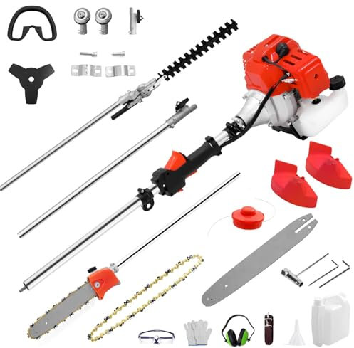 52cc Petrol Strimmer, 5 in 1 Multi Function Petrol Hedge Trimmer Garden Strimmer, String Trimmer, Brush Cutter with 3T Blade, Steel Wire Strimmer Weed Chainsaw