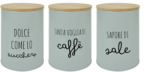IlGruppone Set 3 Pezzi Barattoli Cucina Contenitori Certificati Contatto Alimentare Contenitore Sale Zucchero Caffè Moderne Scritte Barattolo Con Coperchio Ermetico Legno Bambù - Salvia