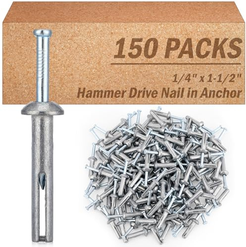 Shimeyao 150 Pcs 1/4 x 1-1/2 Hammer Nail in Concrete Anchor Galvanized Masonry Fasteners Expansion Cement Hammering Anchors for Concrete Brick Wall Block Electrical Boxes Fixture