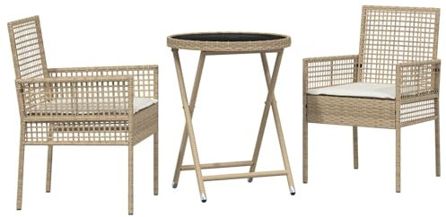 vidaXL Set da Giardino Bistro 3 Pezzi in Rattan Sintetico con Cuscini Beige - Tavolo e Sedie Rotondi, Pieghevoli e Portatili, Ideali per caffè, Relax e Mobili per Piccole Patios e Balconi