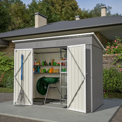8x4 FT Metall Gerätehaus Gartenhaus Inkl. Metallfundament (ohne Boden), wetterfest Gartenschuppen für Outdoor Garten Terrasse (Grau, 8x4FT)