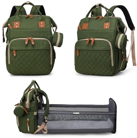 Fexkean Sac à Dos à Langer pour Bébé,Sac à Dos Pour lit bébé,Sac à langer de voyage portable avec lit pliable Sac à Couches Multifonction Imperméable-(Grass Green)