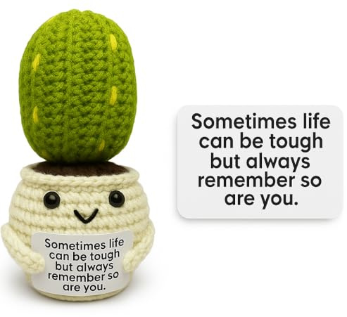 Decorlion Positive Cactus Crochet with Card - Sometimes Life Can Be Tough - Handmade Amigurumi Plant Pot – Encouragement Gift for Friends, Coworkers, Mental Health Support Decor