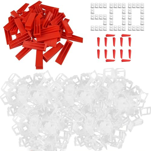 600 PCS 2mm Tile Leveling System Set, 500Pcs Spacer Clips, 100Pcs Wedges, Tile Installation Tool for Leveling Tiles in Living Rooms Bathrooms Offices