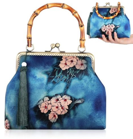 Healvian Damen Handtasche Elegante Umhängetasche Bambusgriff Clutch Chinesischer Vintage Tragetasche Abendhandtasche Schultertasche Geldbörse für Hochzeit Bankett Party Abschlussball