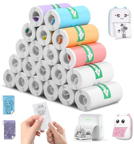 20 Rollos Mini Pegatina Imprimible Autoadhesiva, Papeles de Impresora Térmica, Papel Térmico para Cámara Infantil, Papel Camara Fotos Niños, Compatible con Todas, Incluye Colores y Blanco, 57x25 mm