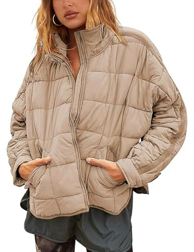 Xiaoxuemeng Womens Quilted Puffer Jacket Zip Up Lightweight Padded Coat Outwear(DarkKhaki-M)