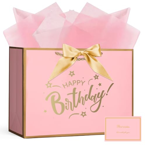 AOOSU Sacchetti Regalo Eleganti, 1pcs Sacchettini Borsa Regali Compleanno, Sacchetti Regalo in Carta con 3 Involucri e 1 Biglietti Perfetto per Compleanni e Anniversari (Compleanno)