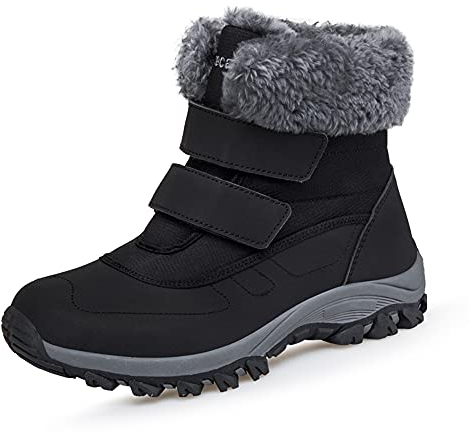 DRECAGE Winterstiefel Wasserdicht Damen Gefüttert Stiefel mit Klettverschluss Boots Schneestiefel Warm rutschfest Schwarz 38 EU