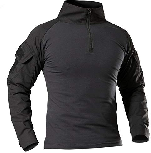 Taktisches Langarm-Shirt für Herren, Militär, atmungsaktiv, Jagd, Kampf, schnell trocknend, Outdoor-Oberteile, 1/4-Reißverschluss, Camouflage, Airsoft-Shirts, Schwarz, Größe XS