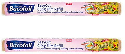 2 x 60m Long Easy Cut Strong Cling Film Refill Food Wrap Freezing Microwaving 35cm Wide