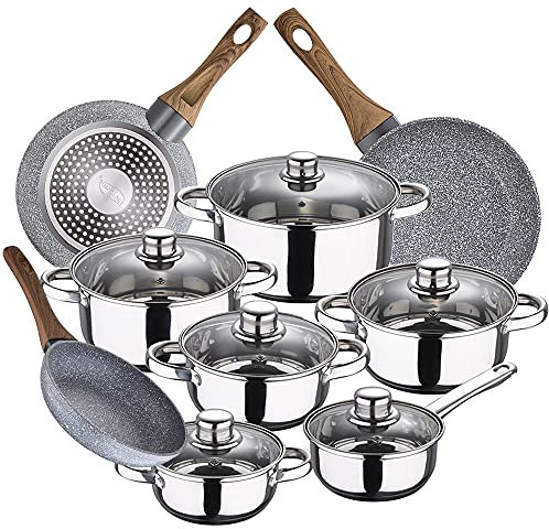 Bateria de cocina 12 piezas SAN IGNACIO Cassel, acero inoxidable, con juego sartenes (22/26/28 cm) SAN IGNACIO Daimiel en aluminio forjado