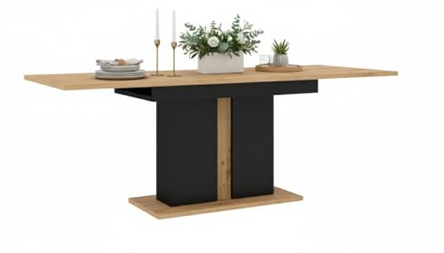 BIM Furniture Extendable Dining Table (55.1–78.7 x 35.4 x 29.9 in) 4-8 Seater Rectangular Table, Scratch-Resistant, ABS Edges, Black Matt Column Base, Artisan Oak, Nuka I
