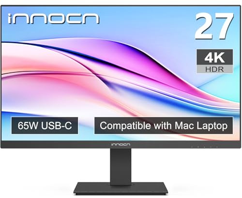 INNOCN 27 4K USB-C Monitor for Laptop MacBook/Mac mini - 16:9 IPS 3840 x 2160 Display, HDR400, DeltaEļ¼2, DisplayPort, HDMI PC Monitor, 1.07B+ Colors, Built-in Speakers, Adjustable Stand, Black