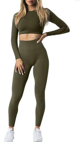 JN JANPRINT 2 Piece Gym Sets for Women Long Sleeve Crop Top High Waist Jumpsuit Seamless Outfits Sets Yoga Active Clothes Sportswear Set