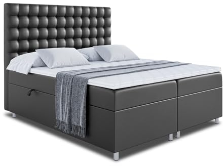 ALTDECOR Boxspringbett mit H3-Matratze (20 cm hoch) mit Bonellfederung, Kunstlederbett, Topper (4 cm hoch), Polsterbett mit Kopfteil und Bettkasten - VIONE - 180x200 - Schwarz Kunstleder